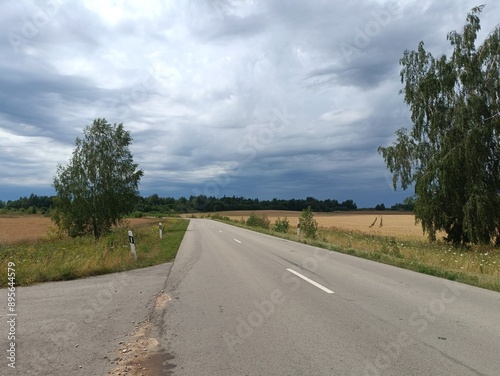 Aviacijos street in Siauliai. Empty street in suburbs. Sunny day with white and gray clouds in sky. Summer season. Aviacijos gatve Siauliuose. photo