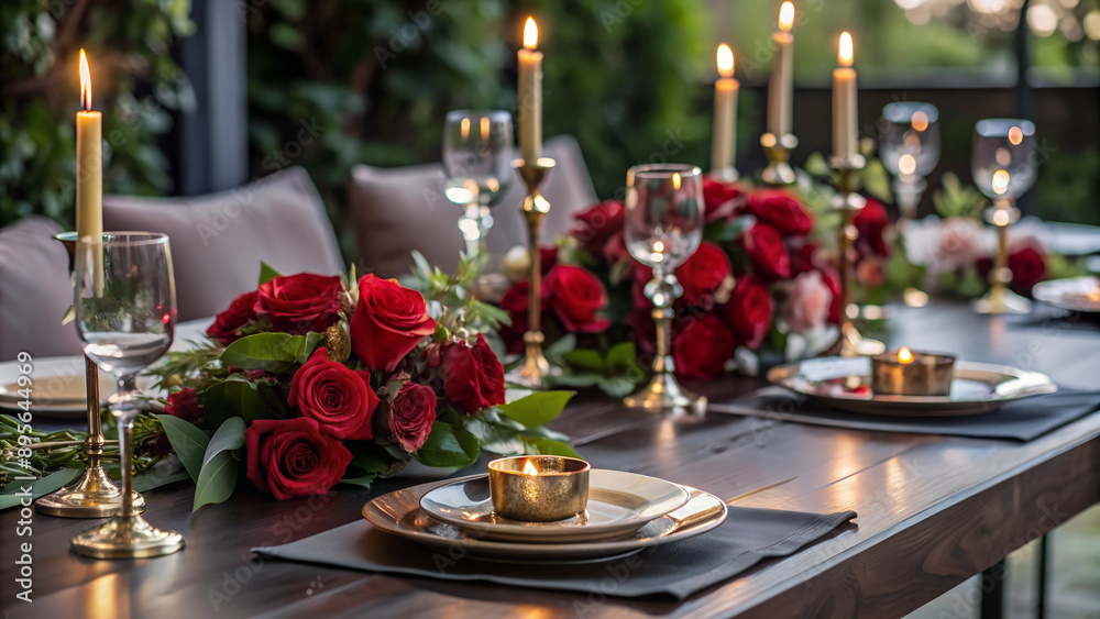 Elegant table setting with roses and candles Elegant table setting with roses and candles