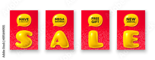 Poster templates with 3d sale text. Have a nice day tag. Happy holiday offer. Chill wish message. Holiday poster frame message. Offer chat bubbles. Text speech balloon. Vector