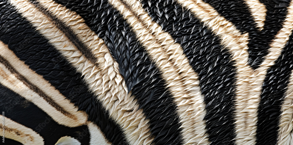 A close up of the back skin texture with vertical black and white stripes on an African zebra A close up of the back skin texture with vertical black and white stripes on an African zebra