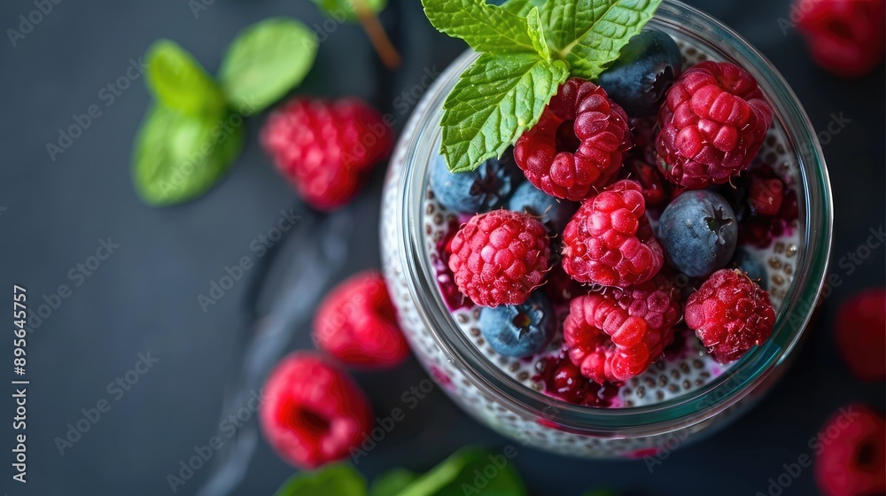 A close-up of a chia pudding topped with fresh berries and mint leaves in a glass jar. A close-up of a chia pudding topped with fresh berries and mint leaves in a glass jar.