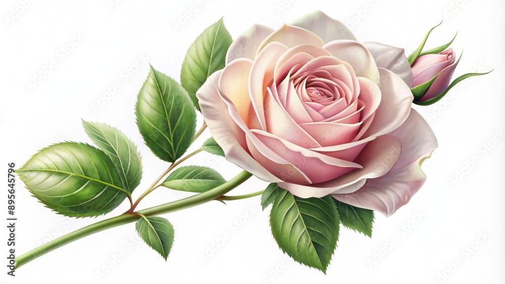Delicate, intricate illustration of a solitary rose with precise petal details and a gently curved stem against a pure white background. Delicate, intricate illustration of a solitary rose with precise petal details and a gently curved stem against a pure white background.