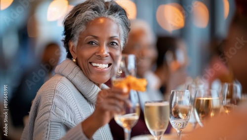 Smiling Woman Enjoying Dinner at Restaurant