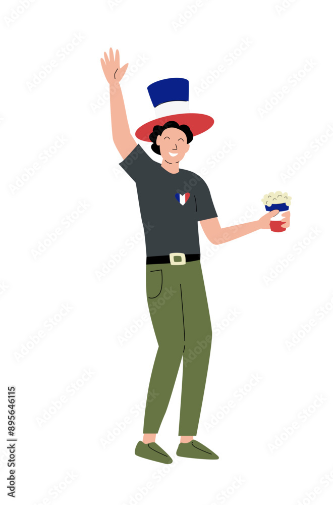 French fan illustration. Man with drink celebrating with France flags colours. Vector illustration isolated on white background. Sport and soccer celebration. French fan illustration. Man with drink celebrating with France flags colours. Vector illustration isolated on white background. Sport and soccer celebration.