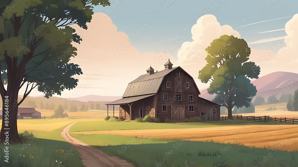 A rustic farmhouse with a barn and surrounding fields, symbolizing rural life and simplicity. A rustic farmhouse with a barn and surrounding fields, symbolizing rural life and simplicity.