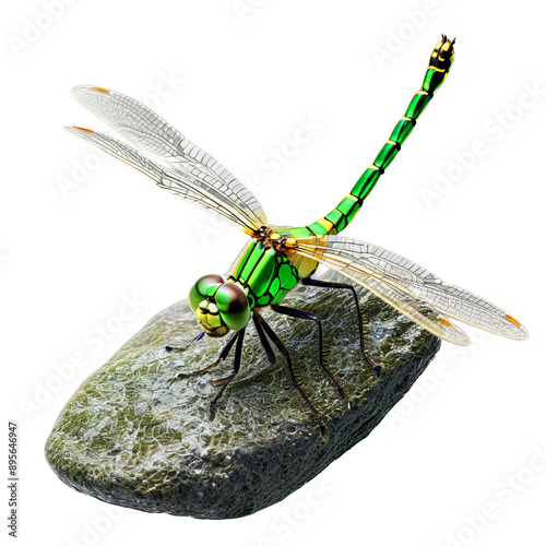 Brilliant emerald dragonfly Somatochlora metallica metallic green body clear wings with green veins perched on photo