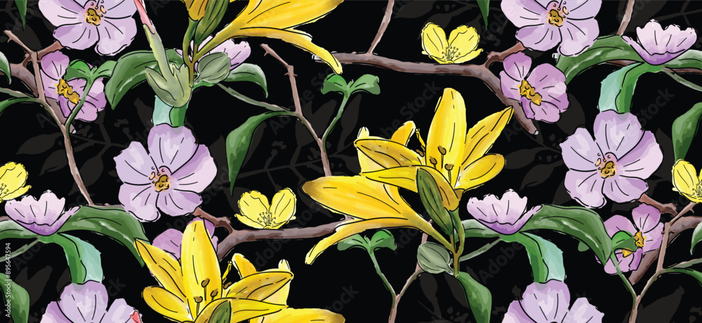 Beautiful seamless floral pattern with watercolor hand drawn. vector design for fashion, fabric, wallpaper and all prints on background earth tone color.