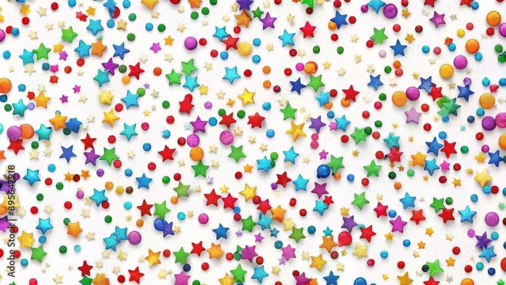 Vibrant colorful confetti scattered randomly on white background in seamless repeat pattern ideal for festive celebration invitation or decoration design.