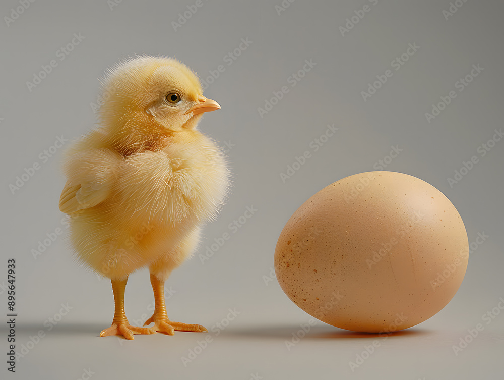 A fluffy yellow chick stands beside an egg and looks up with curiosity. A fluffy yellow chick stands beside an egg and looks up with curiosity.