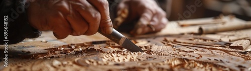 Close-up of artisan hands skillfully carving intricate designs into wood, showcasing detailed craftsmanship and traditional woodworking techniques.