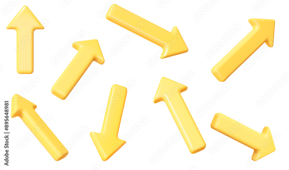 3d set of yellow click cursor icon. Mouse arrows pointing in different directions. Stock vector illustration on isolated background.