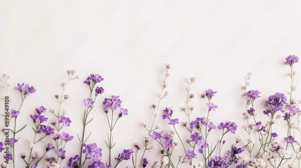 Naklejka premium Beautifully arranged purple flowers on a white background, perfect for design and artistic endeavors