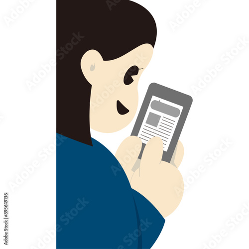 笑顔でスマートフォンを操作する後ろ姿の女性　おしゃれなベクターイラスト