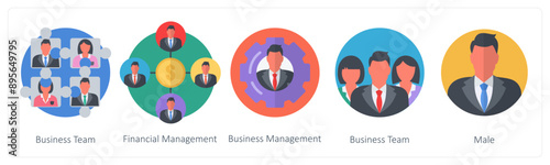 A set of 5 Business icons as business team, financial management, business management