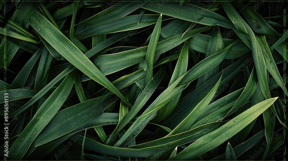 Obraz premium Dark-toned green grass leaf texture with dark border vignette, ideal for background use with a touch of elegance