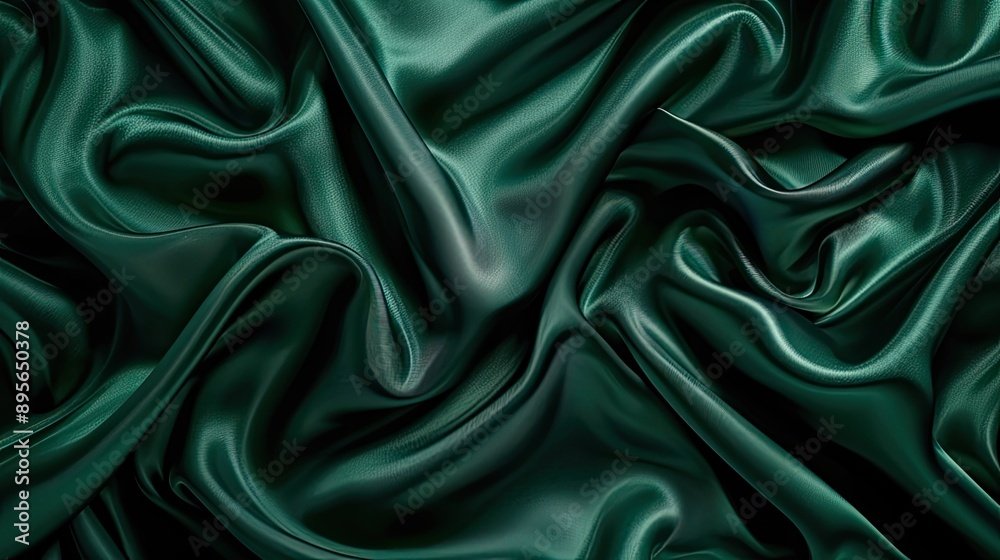 Elegant dark green satin with glossy sheen and wavy folds, perfect for creating holiday backgrounds and special occasion web banners Elegant dark green satin with glossy sheen and wavy folds, perfect for creating holiday backgrounds and special occasion web banners