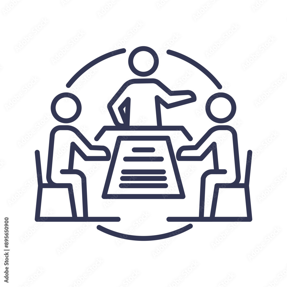 Three people in a meeting, one standing and two seated at a table. Three people in a meeting, one standing and two seated at a table.