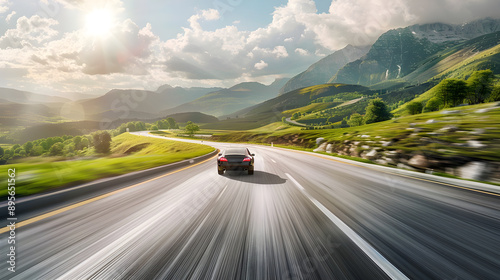 Modern, Sleek Car Speeding Down Highway Amidst Picturesque Mountain Landscape Emphasizing Adventure, Freedom, and High Performance Engineering photo