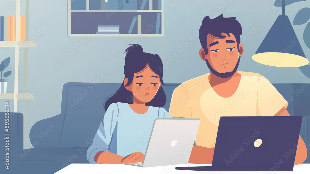 Father and child collaborating on a homework assignment on a laptop, with a peaceful home environment in the background. Father and child collaborating on a homework assignment on a laptop, with a peaceful home environment in the background.