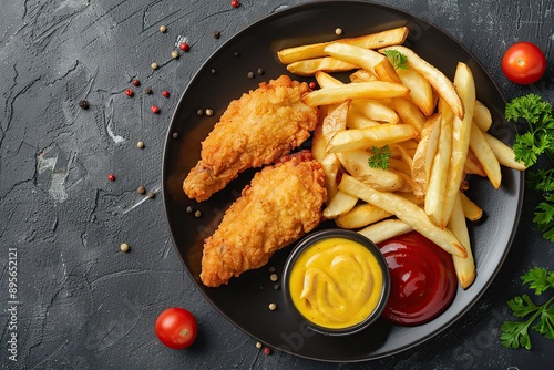 BBQ fried chicken nuggets with tomato, sour sauce. Top view of tasty hot nuggets served with ketchup on gray background. Golden deep-fried battered crispy nuggets with french fries. Potato chips pile photo