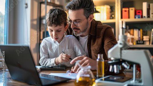 Father guiding his child through a science assignment using a laptop in a home office.