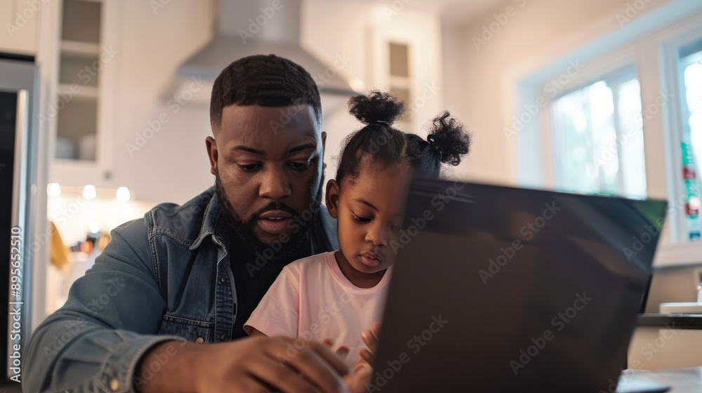 Father helping his child with homework on a laptop, both focused and engaged. Father helping his child with homework on a laptop, both focused and engaged.