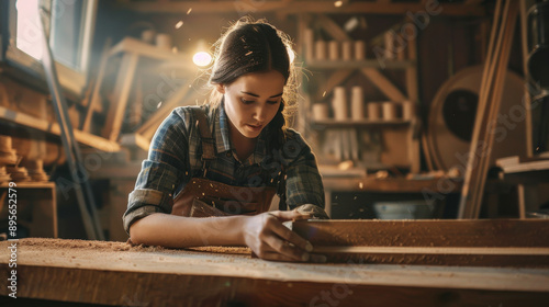 Female carpenter meticulously sanding a wooden plank in her workshop