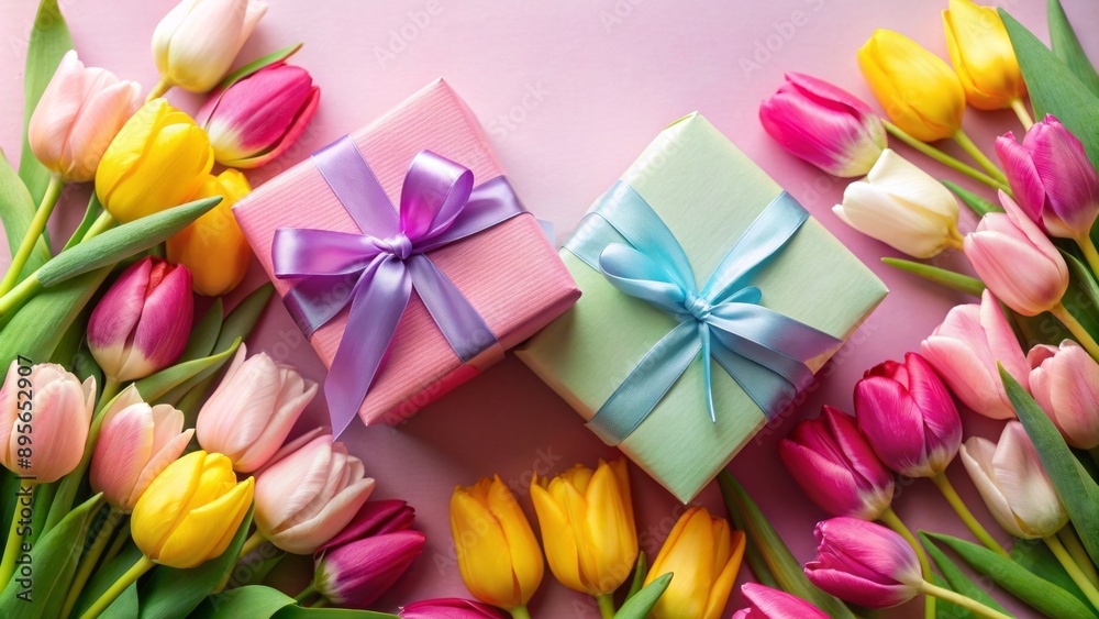 Vibrant pastel-hued gift boxes adorned with delicate ribbons, surrounded by a radiant bouquet of colorful tulips on a soft pink backdrop. Vibrant pastel-hued gift boxes adorned with delicate ribbons, surrounded by a radiant bouquet of colorful tulips on a soft pink backdrop.