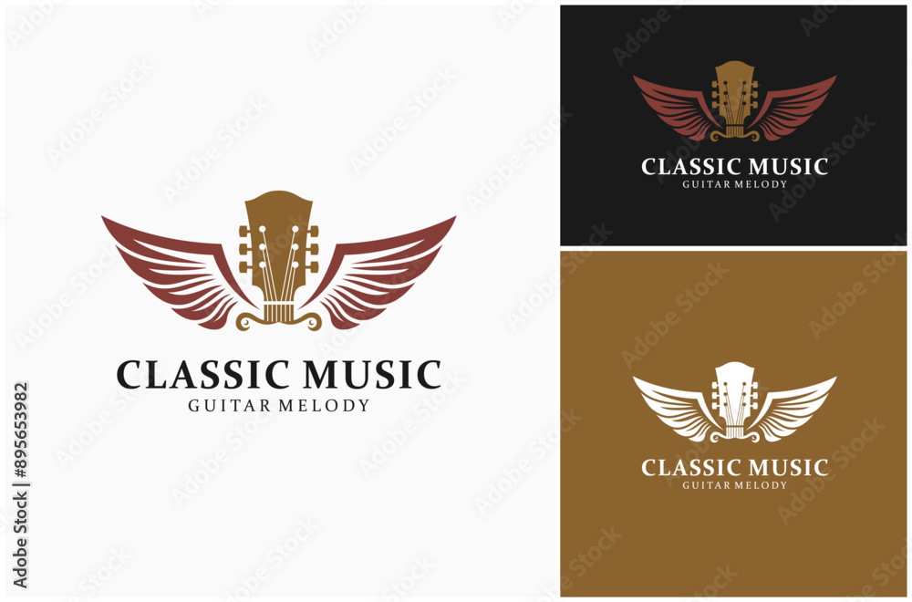 Acoustic Guitar Headstock Classic Musical Spread Angel Fly Wing Vector Logo Design Illustration Acoustic Guitar Headstock Classic Musical Spread Angel Fly Wing Vector Logo Design Illustration