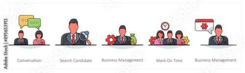 A set of 5 Business icons as conversation, search candidate, business management