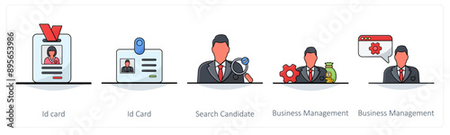 A set of 5 Business icons as id card, search candidate,  business management