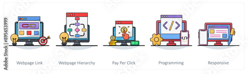 A set of 5 Business icons as webpage link, webpage hierarchy, pay per click