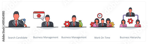 A set of 5 Business icons as search candidate, business management, work on time