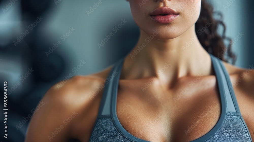 Close-up of a fit woman in grey sports attire, focusing on her neck and shoulders, showcasing muscular tone and fitness in a gym setting, symbolizing health and strength. Close-up of a fit woman in grey sports attire, focusing on her neck and shoulders, showcasing muscular tone and fitness in a gym setting, symbolizing health and strength.