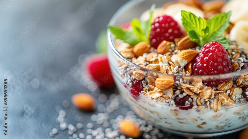 A bowl of healthy granola topped with fresh raspberries, nuts, chia seeds, and mint leaves, showcasing a delicious and nutritious breakfast option with vibrant colors and textures.