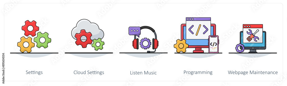 A set of 5 Business icons as settings, cloud settings, listen music A set of 5 Business icons as settings, cloud settings, listen music