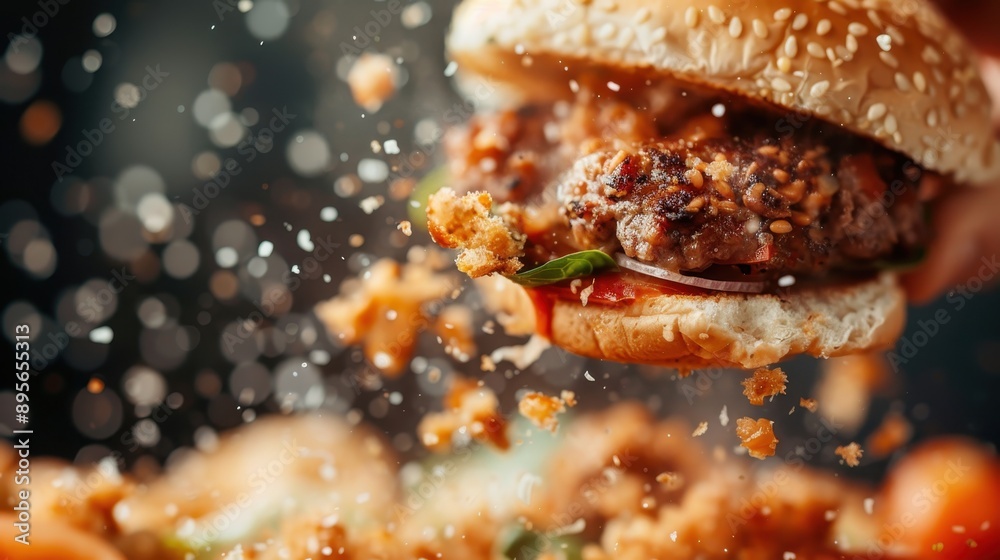 A detailed view of a burger with fresh ingredients, showing crumb particles in motion. The image captures vibrant colors and dynamic elements suggesting fresh and tasty food. A detailed view of a burger with fresh ingredients, showing crumb particles in motion. The image captures vibrant colors and dynamic elements suggesting fresh and tasty food.