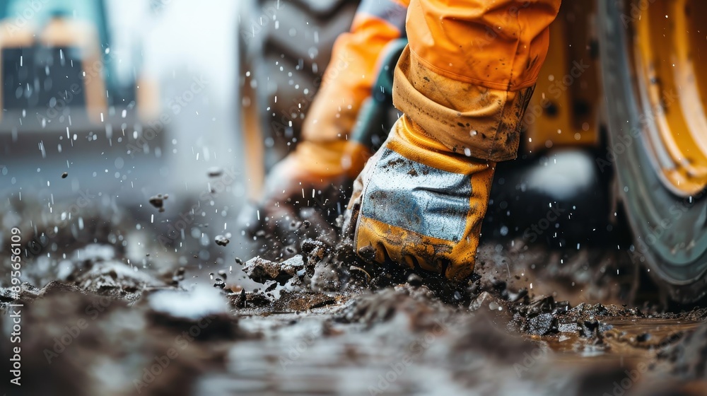 A construction worker diligently digging in wet, muddy conditions, underscoring the physical demands and focus required in construction work within challenging environments. A construction worker diligently digging in wet, muddy conditions, underscoring the physical demands and focus required in construction work within challenging environments.