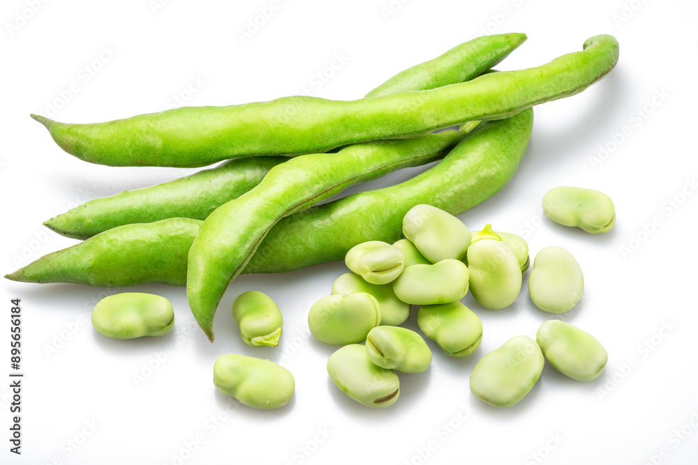 Green broad bean pod and several broad beans isolated on white background. Green broad bean pod and several broad beans isolated on white background.