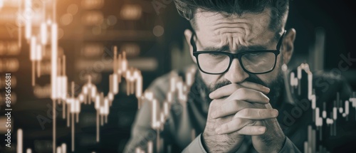 Double exposure of a financial analyst's worried face and a downward trend in oil and gold prices, depicting the market instability