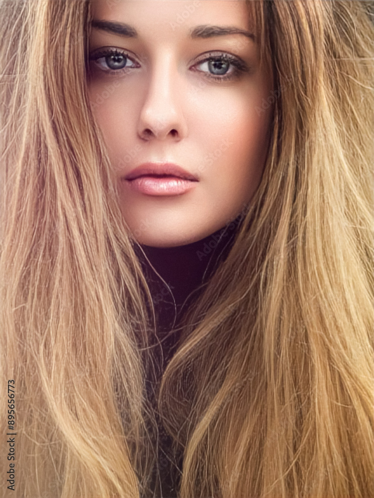 Beautiful modern blonde woman with volume hairstyle, long luxurious hair and beauty makeup, glamorous look face portrait for luxury fashion and natural cosmetics idea Beautiful modern blonde woman with volume hairstyle, long luxurious hair and beauty makeup, glamorous look face portrait for luxury fashion and natural cosmetics idea