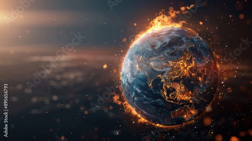 Digital illustration of Earth in flames, raising awareness about global warming and rising temperatures © Seksan