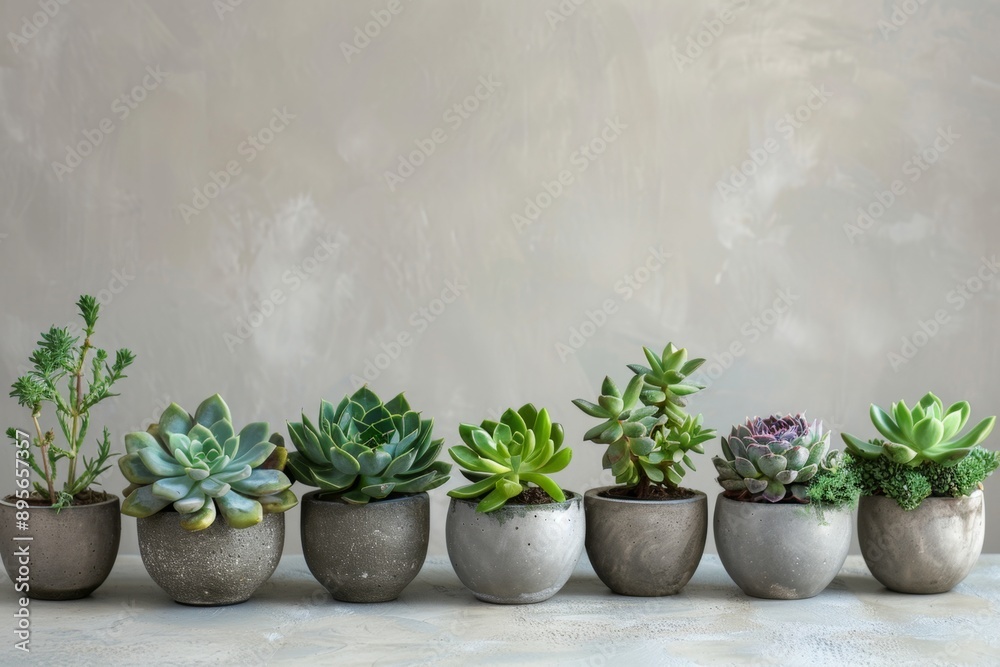 Beautiful potted plants lined up in a minimalist style on a neutral background. Perfect for home and office decor inspiration. Lovely green succulents in gray planters. Generative AI Beautiful potted plants lined up in a minimalist style on a neutral background. Perfect for home and office decor inspiration. Lovely green succulents in gray planters. Generative AI