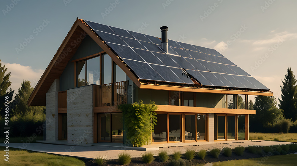 A sustainable, eco-friendly house with solar panels and green design, symbolizing environmental consciousness.