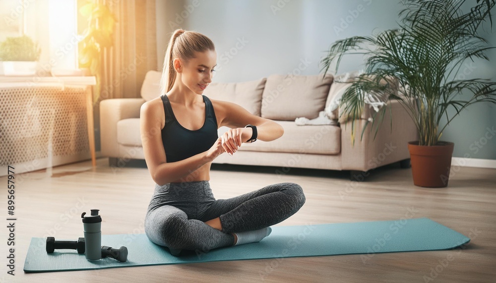 A woman checks her watch while practicing yoga on a mat in a sunlit living room, promoting fitness and well-being. A woman checks her watch while practicing yoga on a mat in a sunlit living room, promoting fitness and well-being.
