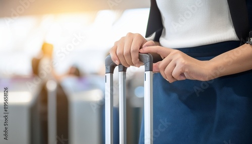 A close-up of a traveler holding the handle of a suitcase at an airport, ready for the next adventure.