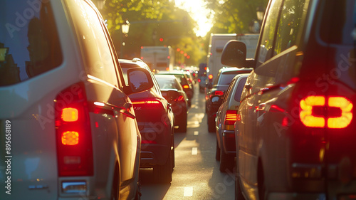 A traffic jam on the street with cars and trucks stuck in it