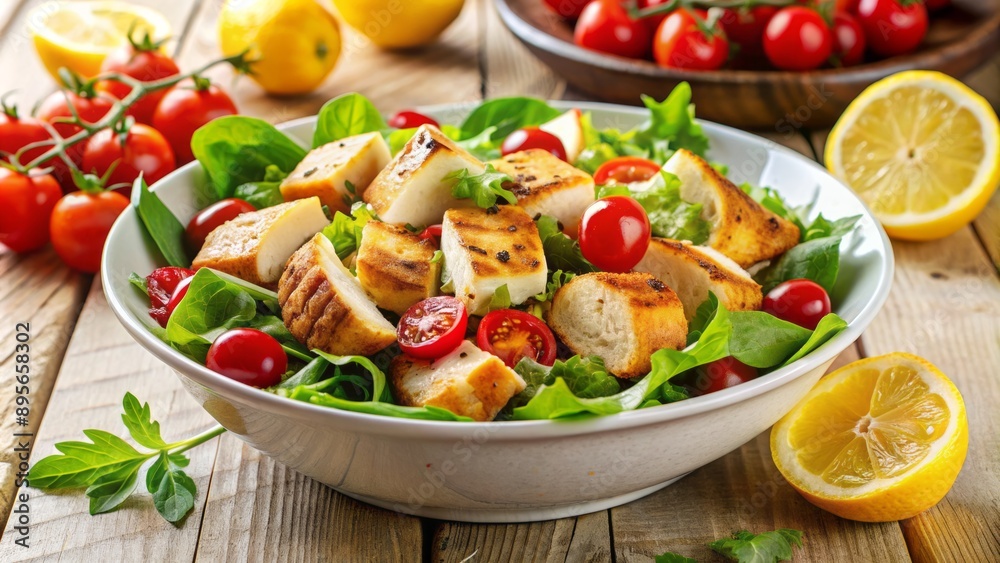 Freshly prepared grilled lemon herb chicken salad with mixed greens, cherry tomatoes, and croutons in a modern white bowl. Freshly prepared grilled lemon herb chicken salad with mixed greens, cherry tomatoes, and croutons in a modern white bowl.