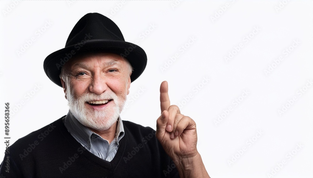 Cheerful elderly man wearing a hat, showing a playful gesture with a smile, perfect for positive and engaging content.