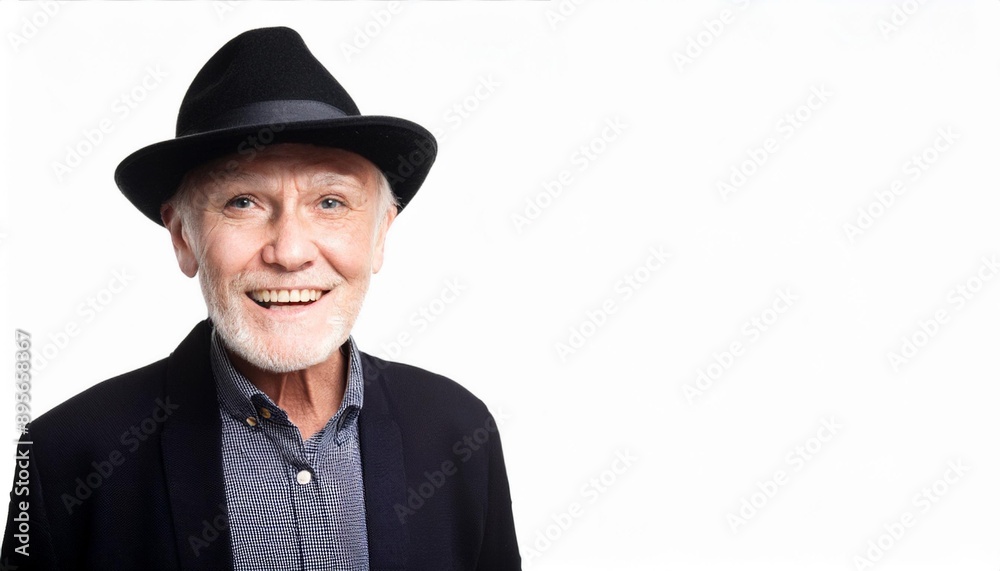 Happy elderly man with a beard wearing a stylish hat, smiling joyfully against a plain white background.